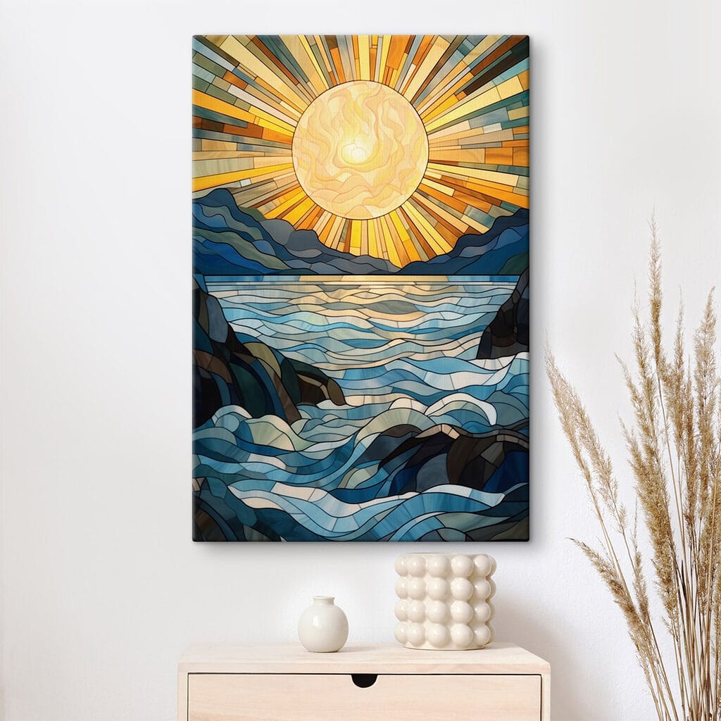 Stained glass window with a sun over a river Stained glass window with a sun over a river