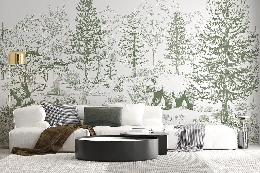 Drawing of a bear in a forest