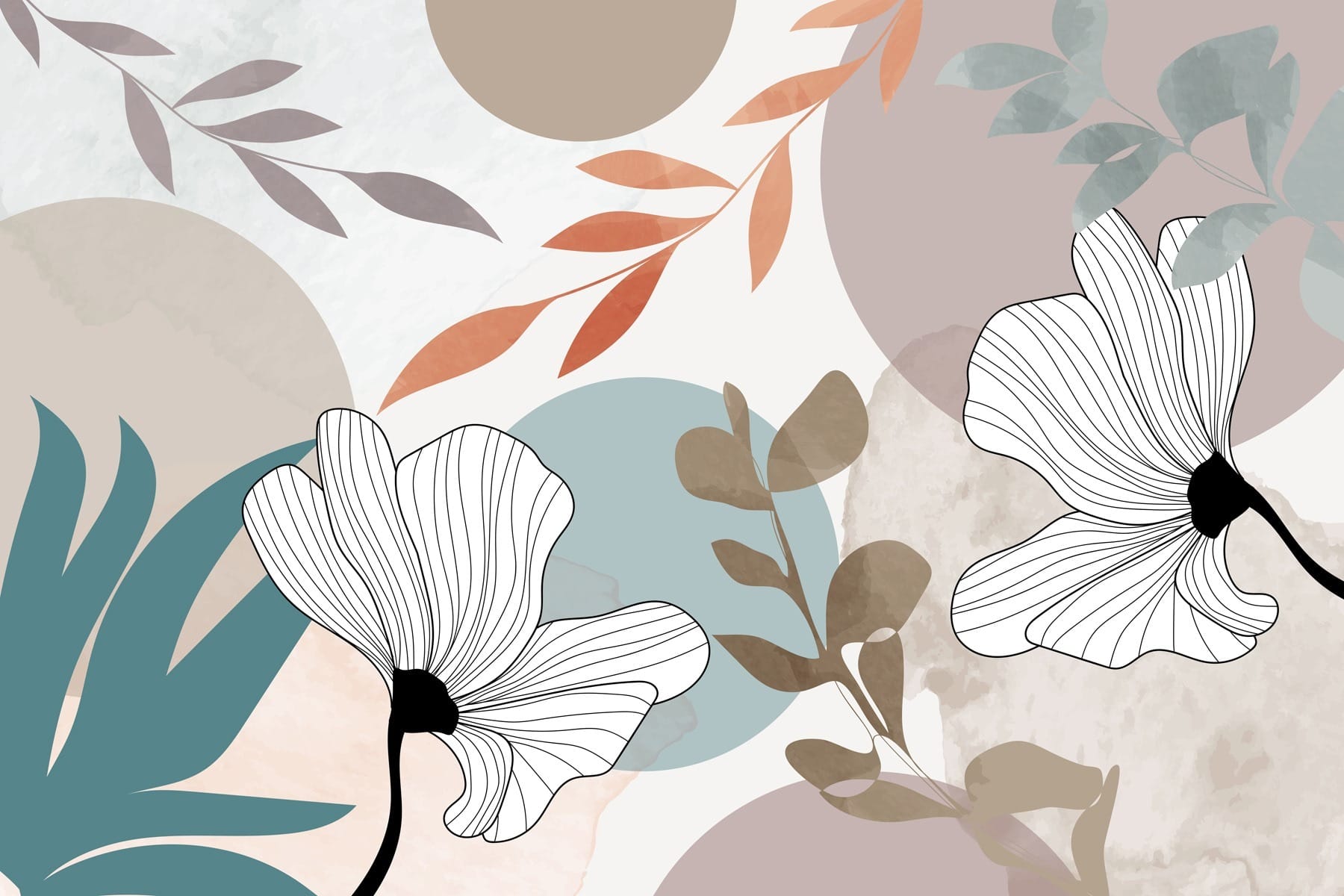 White flowers with brown leaves and blue circles