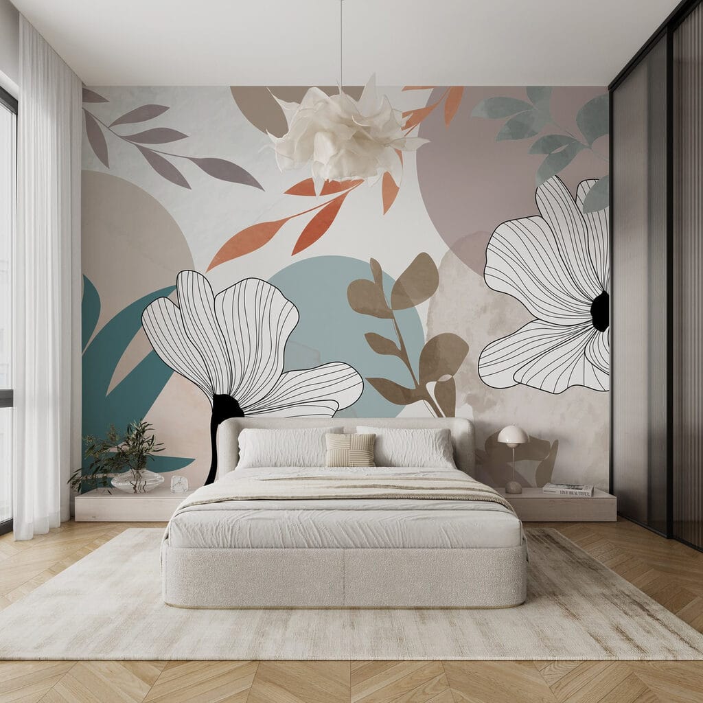 White flowers with brown leaves and blue circles