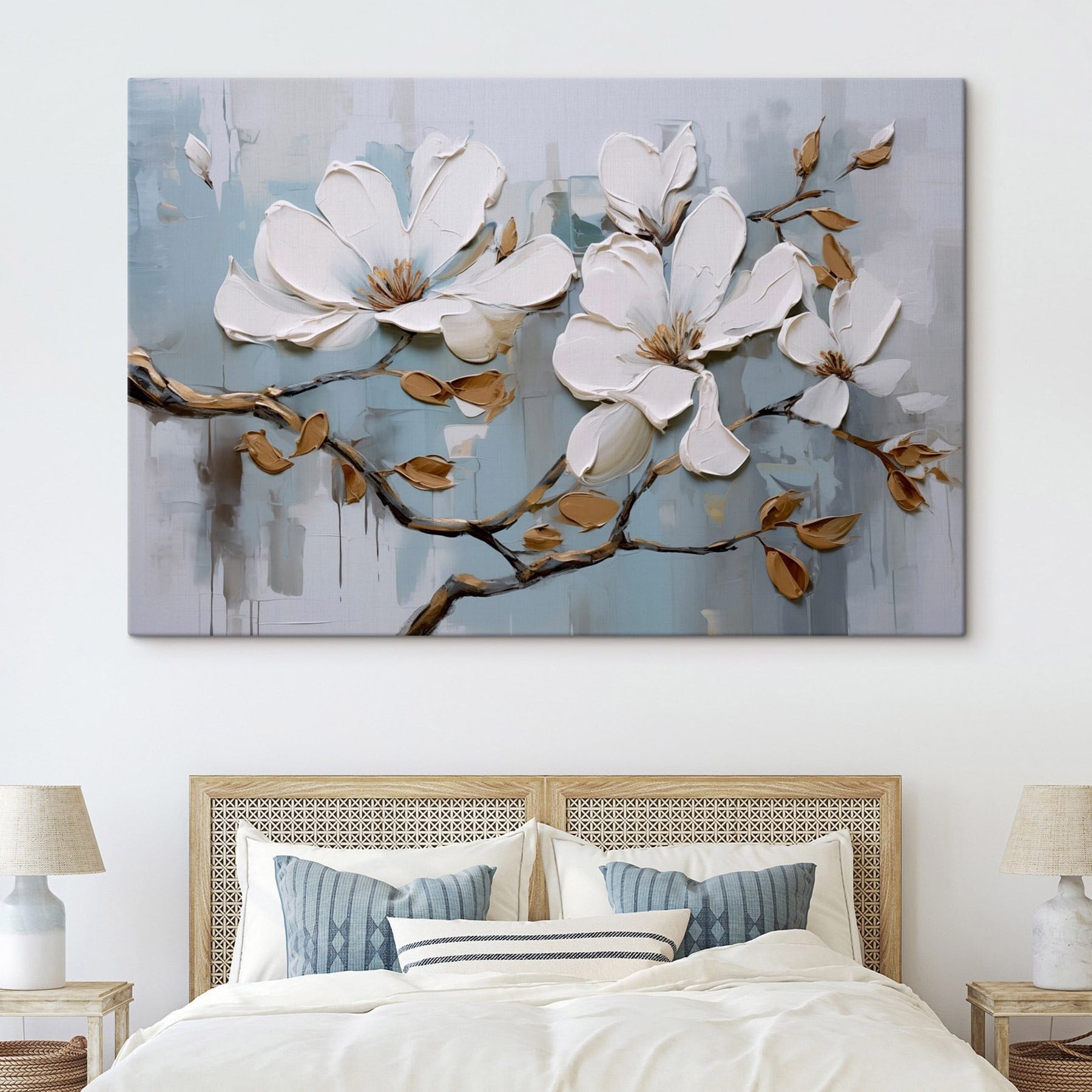Painting of white flowers on a branch Painting of white flowers on a branch