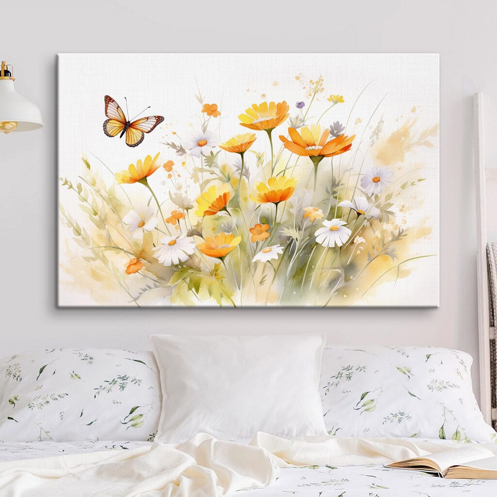 Butterfly flying over a yellow and white flowers