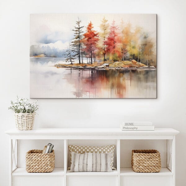 Watercolor painting of trees and rocks on a lake Watercolor painting of trees and rocks on a lake