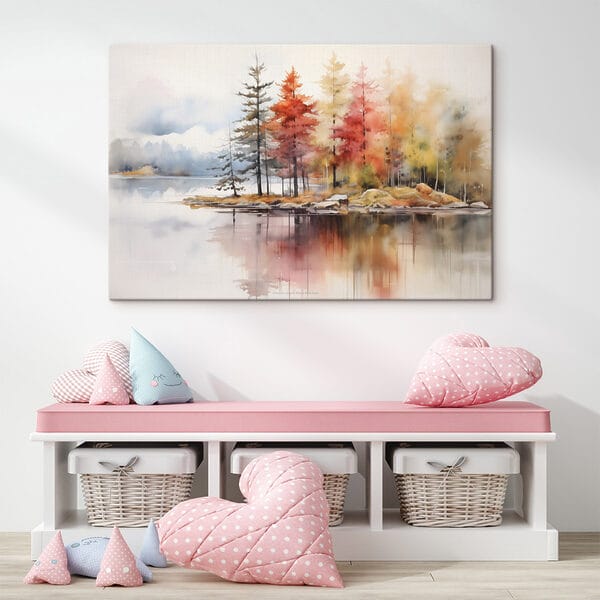 Watercolor painting of trees and rocks on a lake Watercolor painting of trees and rocks on a lake