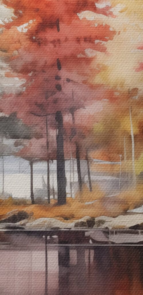 Watercolor painting of trees and rocks on a lake Watercolor painting of trees and rocks on a lake