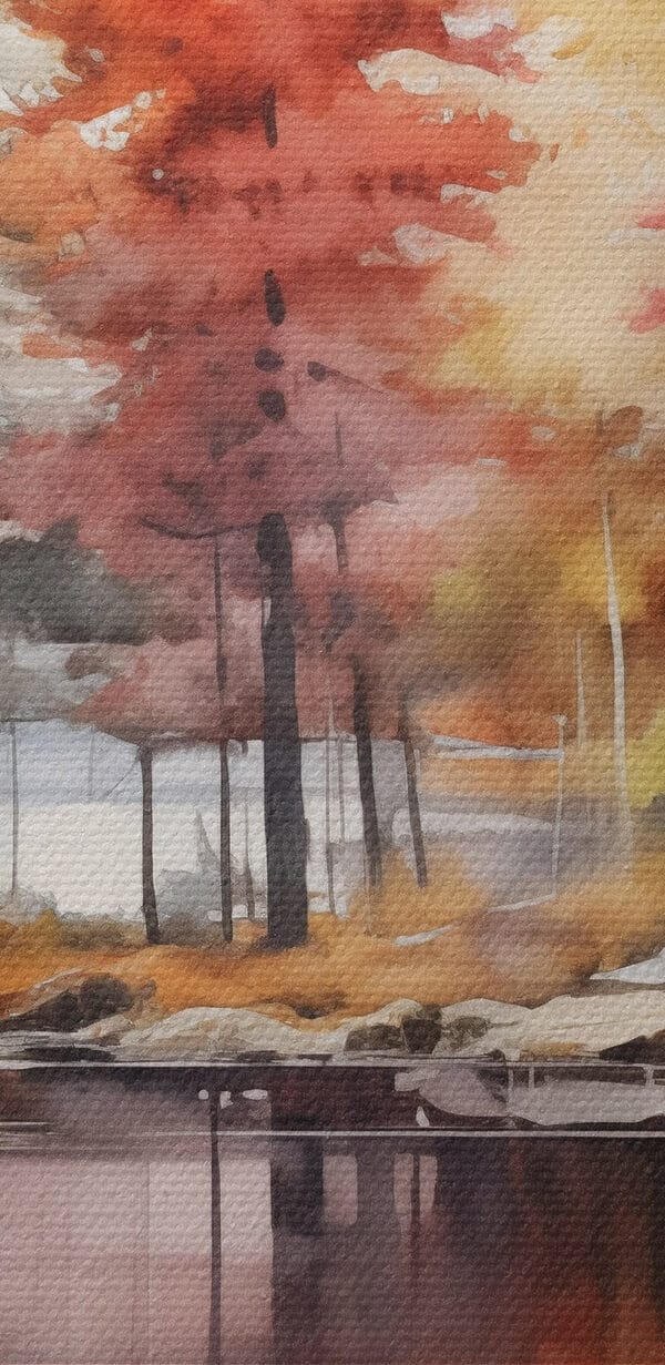 Watercolor painting of trees and rocks on a lake Watercolor painting of trees and rocks on a lake