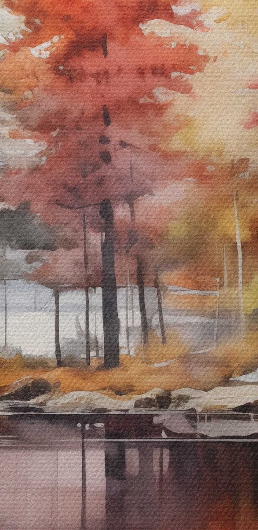 Watercolor painting of trees and rocks on a lake Watercolor painting of trees and rocks on a lake