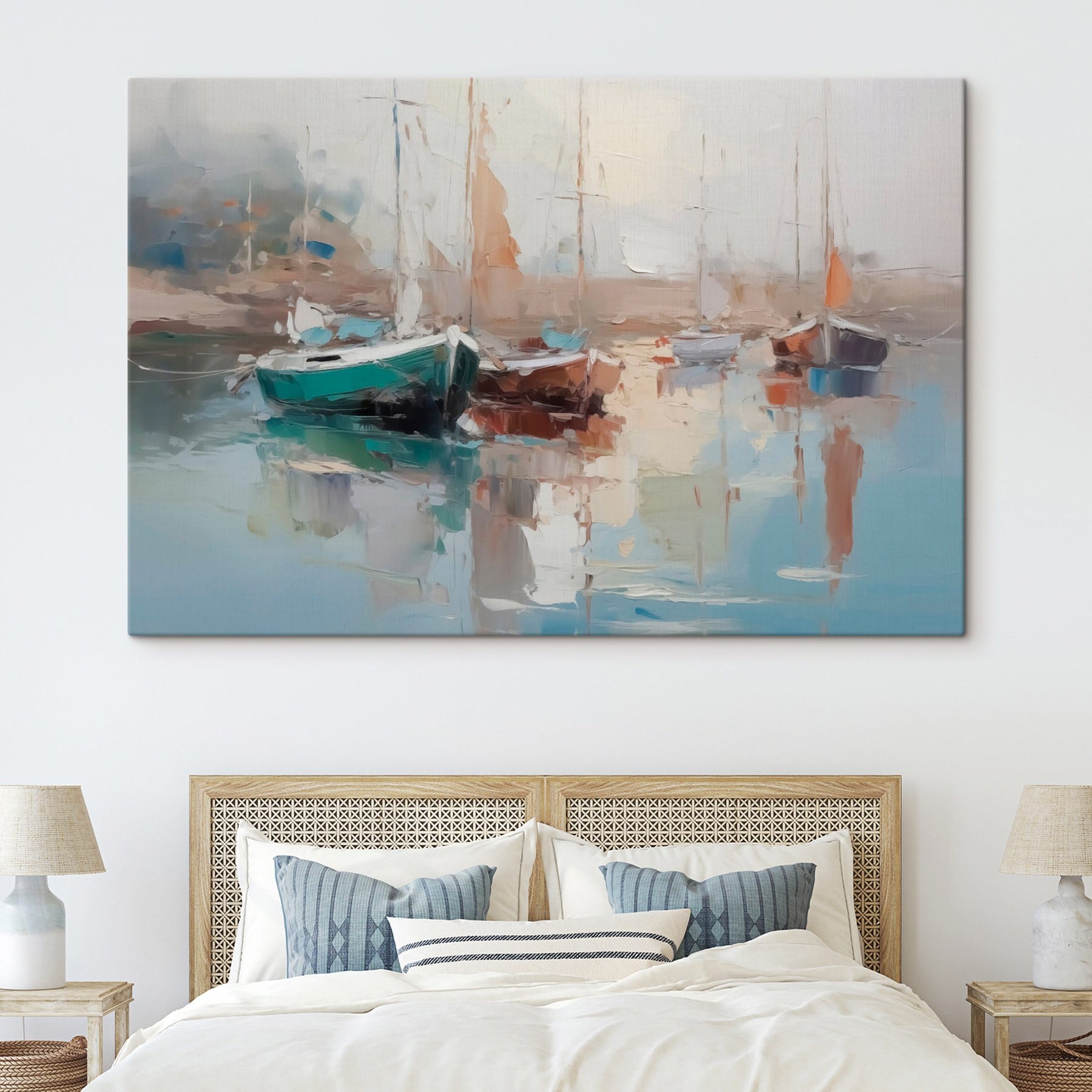 Painting of boats in a harbor