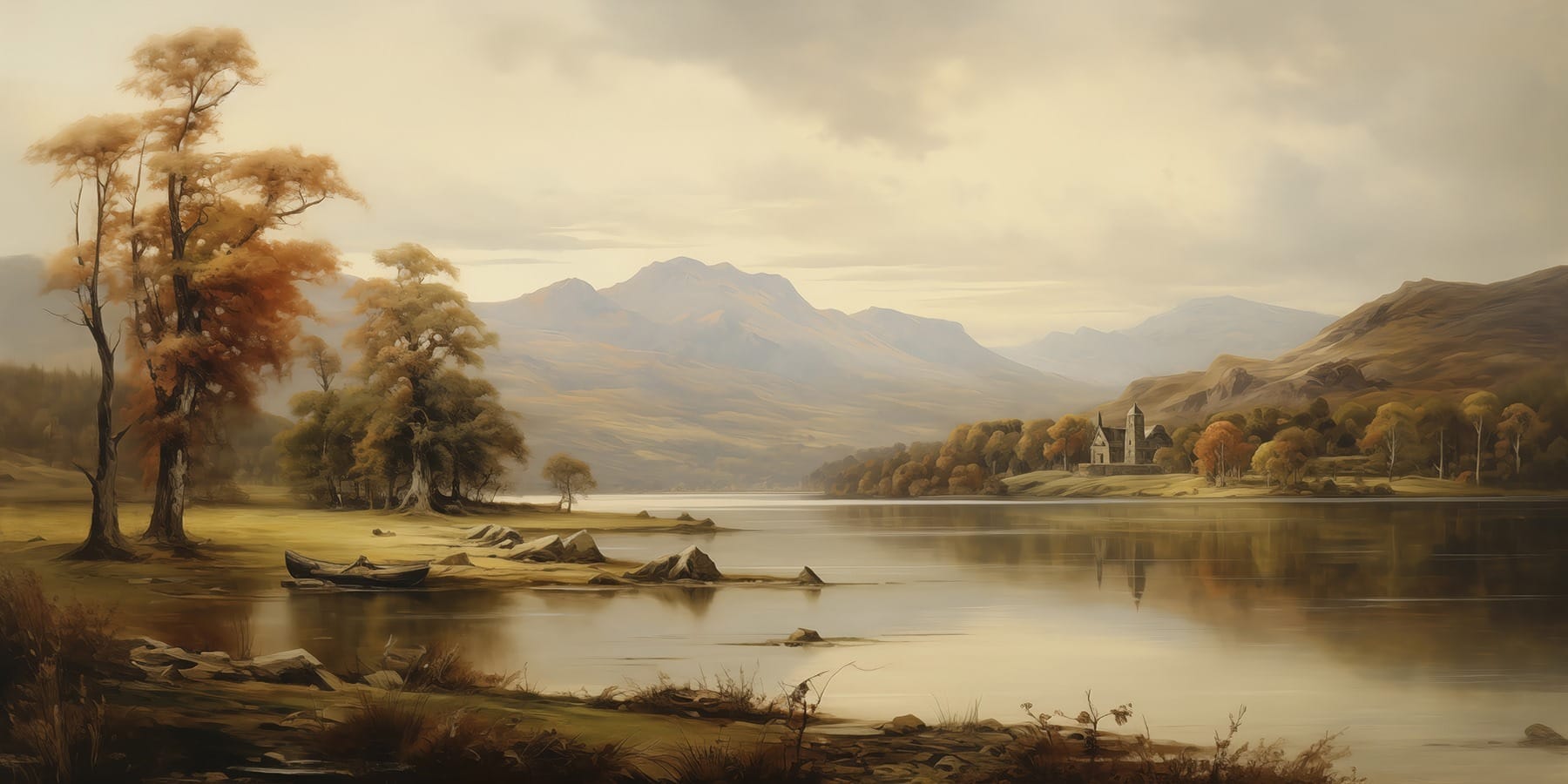 Lake with trees and mountains in the background