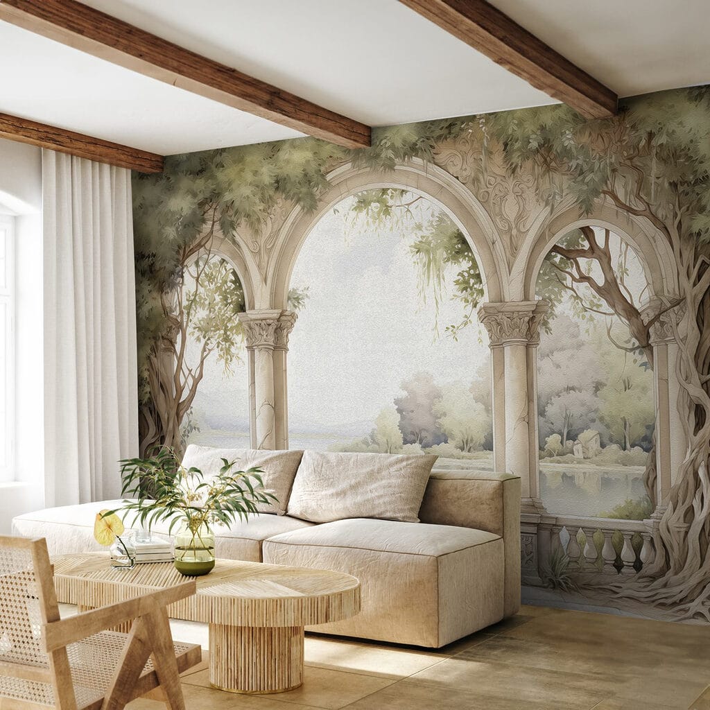 Watercolor painting of a stone archway with trees and a lake