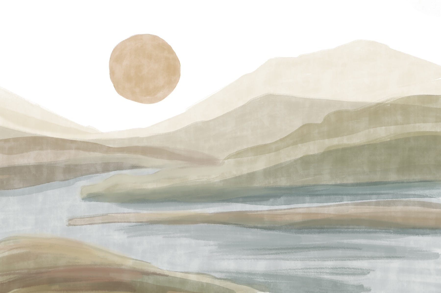 Watercolor painting of a river and mountains Watercolor painting of a river and mountains