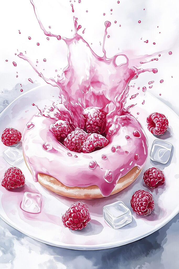Donut with pink frosting and raspberries splashing into a white plate