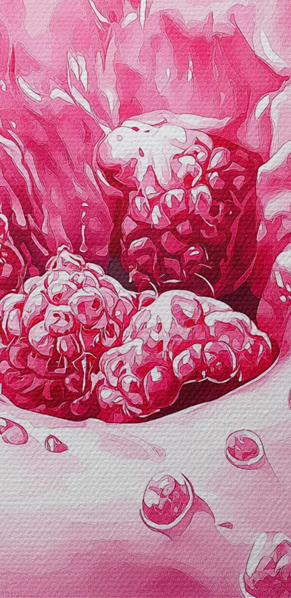 Pączek z różowym lukrem i malinami rozpryskującymi się na białym talerzu Pączek z różowym lukrem i malinami rozpryskującymi się na białym talerzu