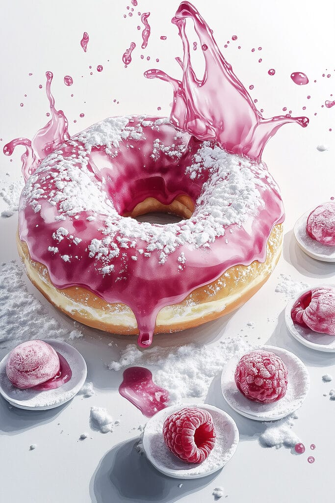 Donut with pink frosting and powdered sugar Donut with pink frosting and powdered sugar