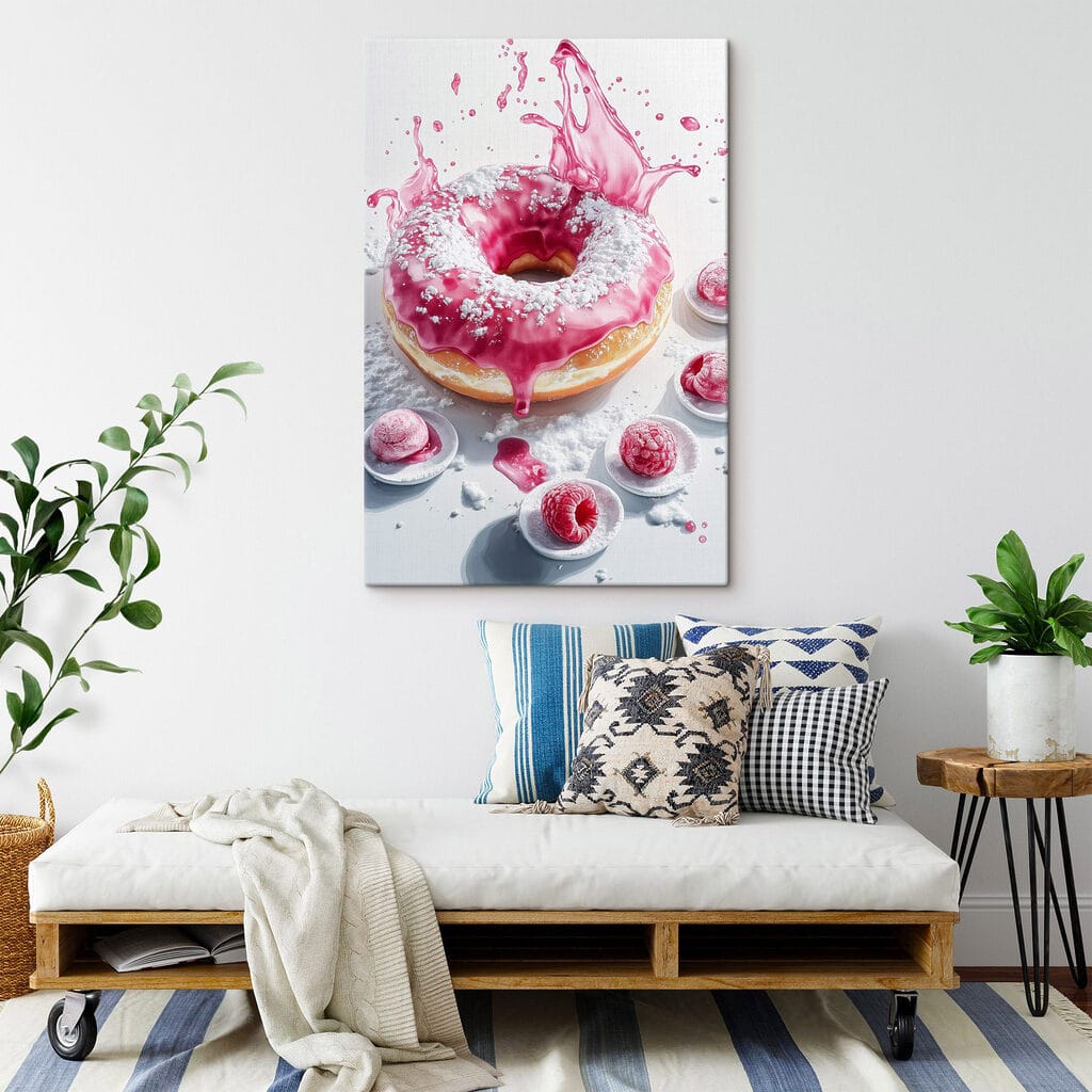 Donut with pink frosting and powdered sugar Donut with pink frosting and powdered sugar