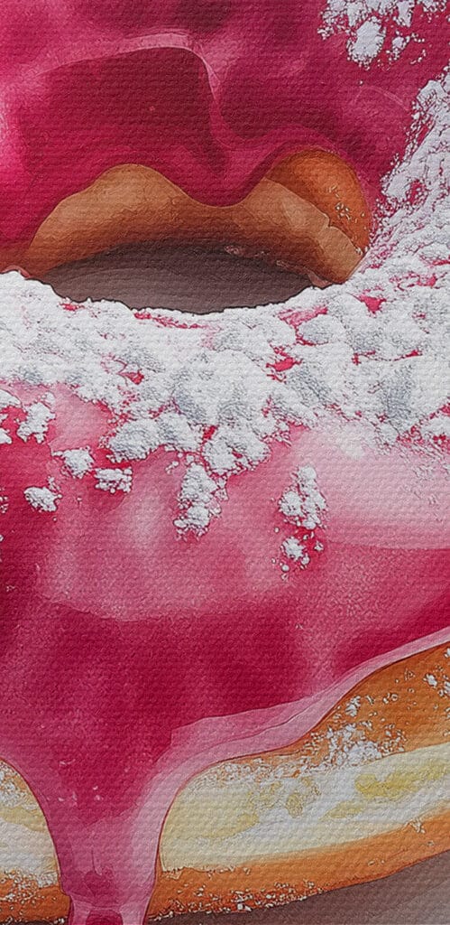 Donut with pink frosting and powdered sugar Donut with pink frosting and powdered sugar