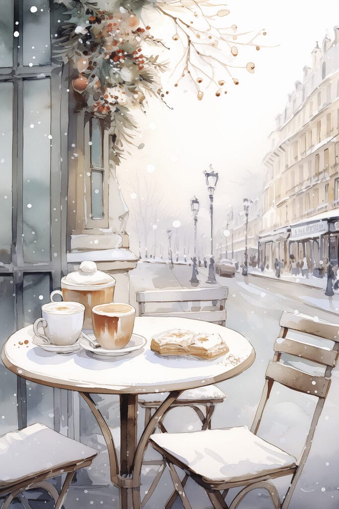 Table with coffee cups and croissants on it