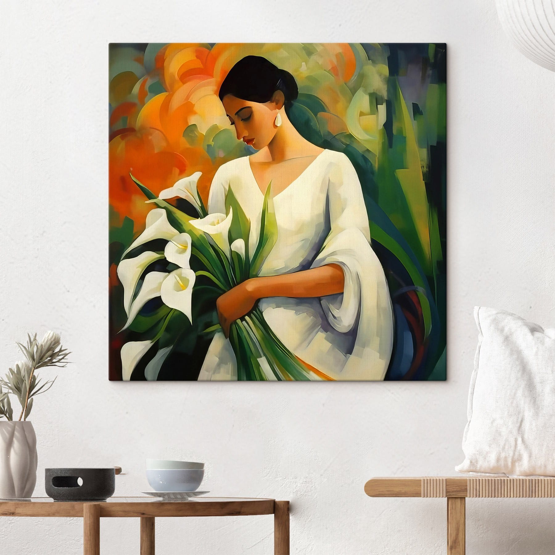 Painting of a woman holding flowers Painting of a woman holding flowers