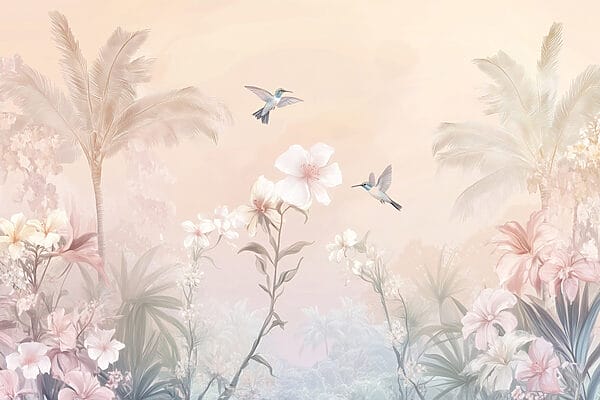 Group of birds flying over flowers