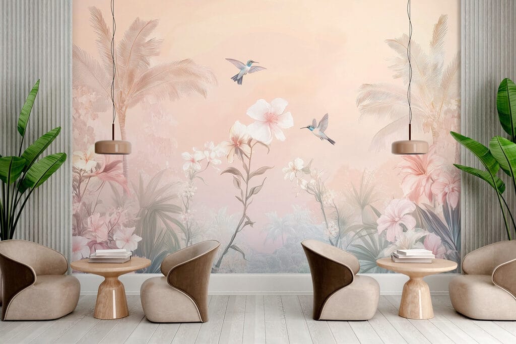 Group of birds flying over flowers