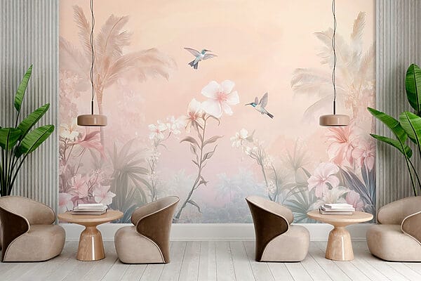 Group of birds flying over flowers