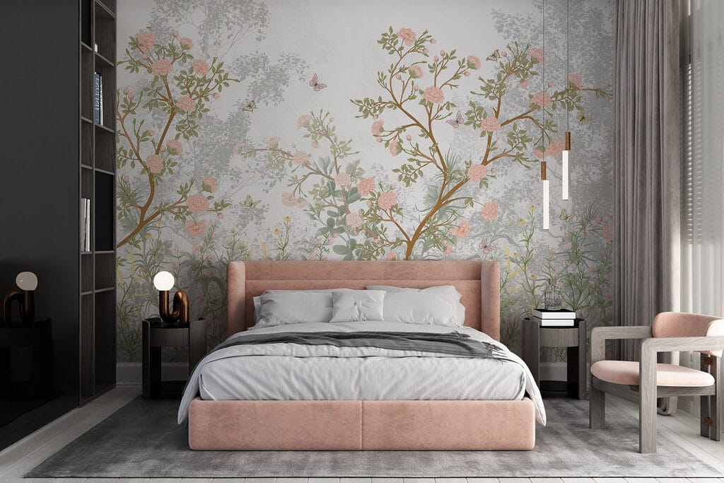 Painting of a tree with flowers and butterflies