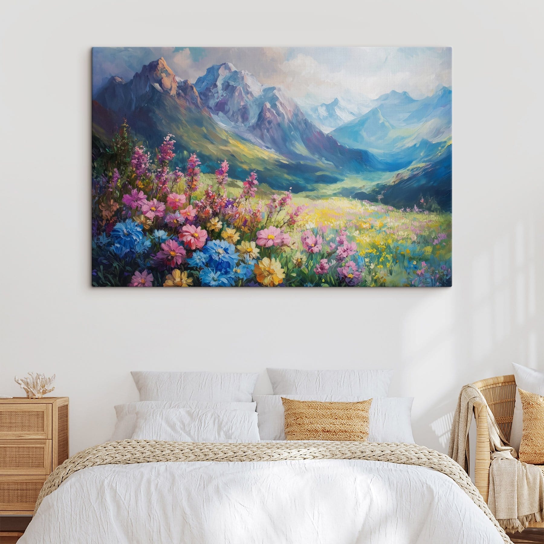 Painting of flowers in a field with mountains in the background Painting of flowers in a field with mountains in the background
