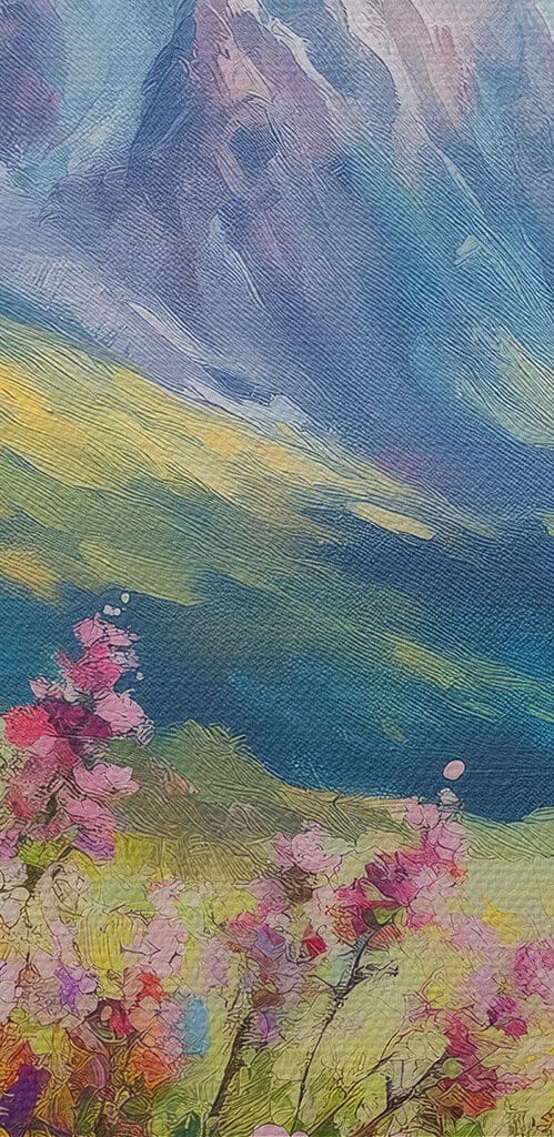 Painting of flowers in a field with mountains in the background Painting of flowers in a field with mountains in the background