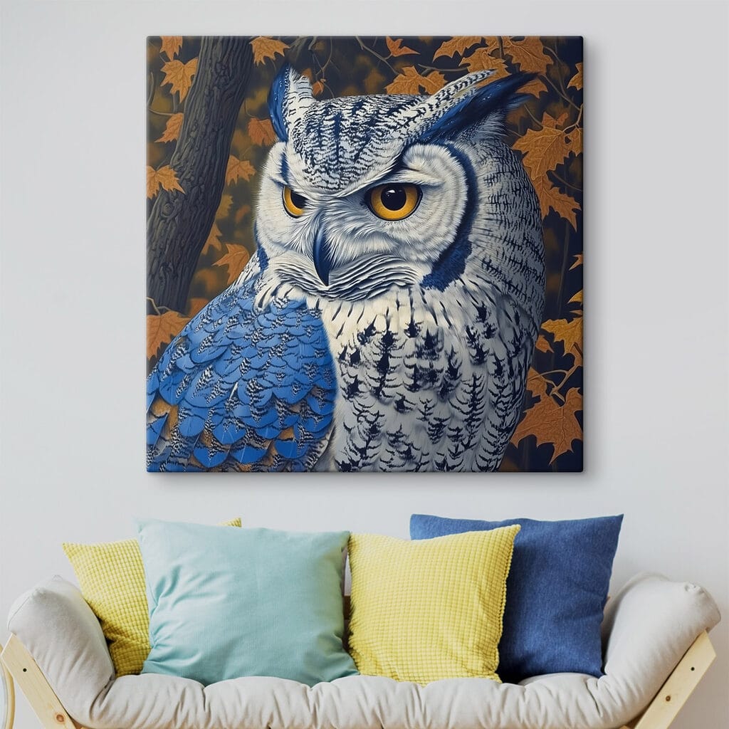 An owl with yellow eyes