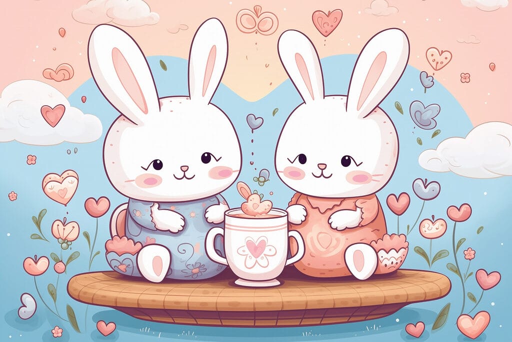 Couple of bunnies sitting on a tray with a cup of tea Couple of bunnies sitting on a tray with a cup of tea