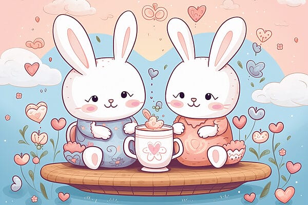 Couple of bunnies sitting on a tray with a cup of tea Couple of bunnies sitting on a tray with a cup of tea