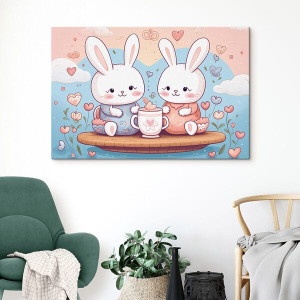 Couple of bunnies sitting on a tray with a cup of tea Couple of bunnies sitting on a tray with a cup of tea