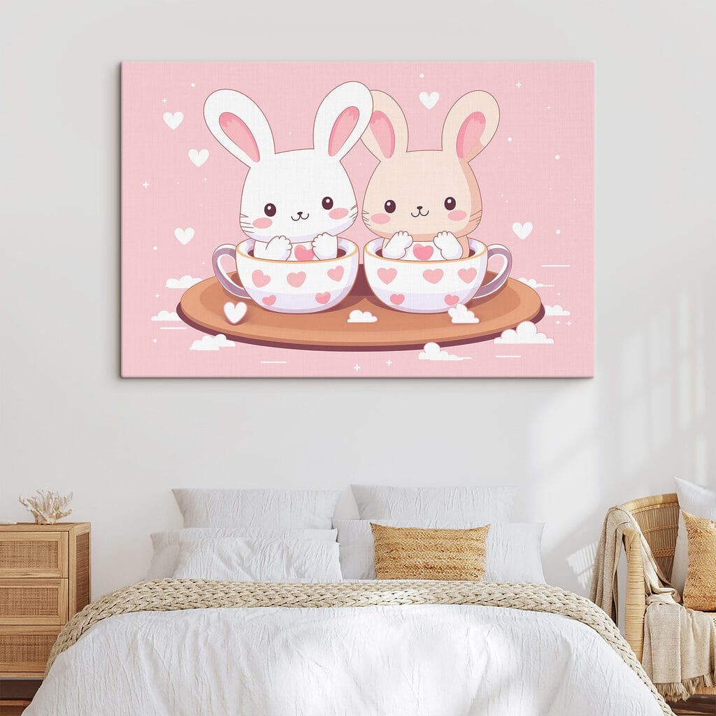 Two cartoon rabbits in tea cups