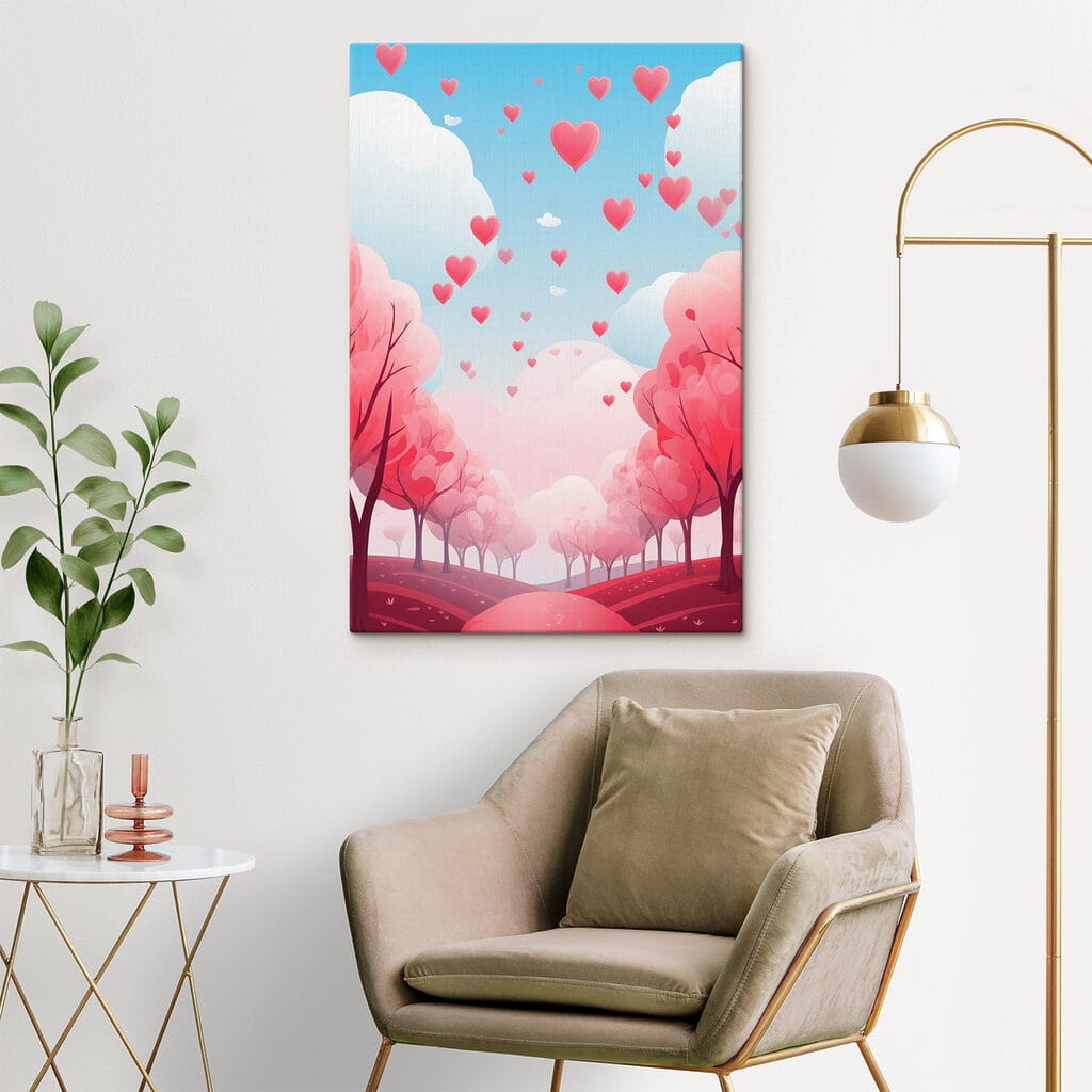 Pink trees with hearts flying in the sky