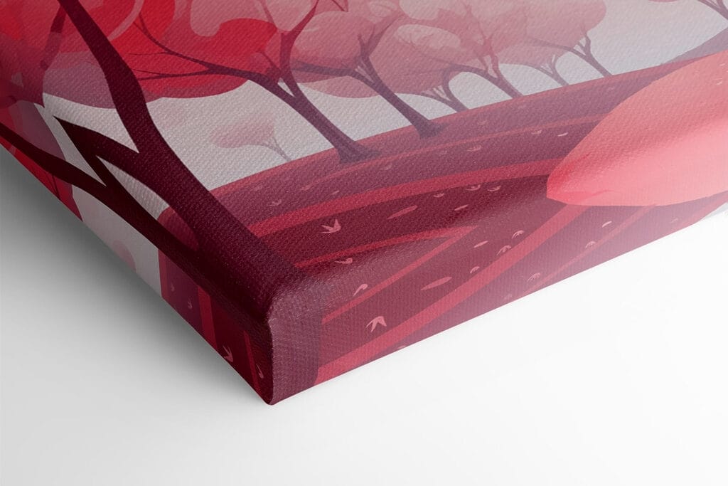 Pink trees with hearts flying in the sky
