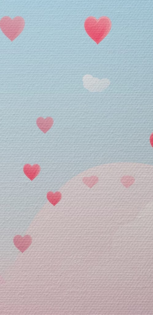 Pink trees with hearts flying in the sky