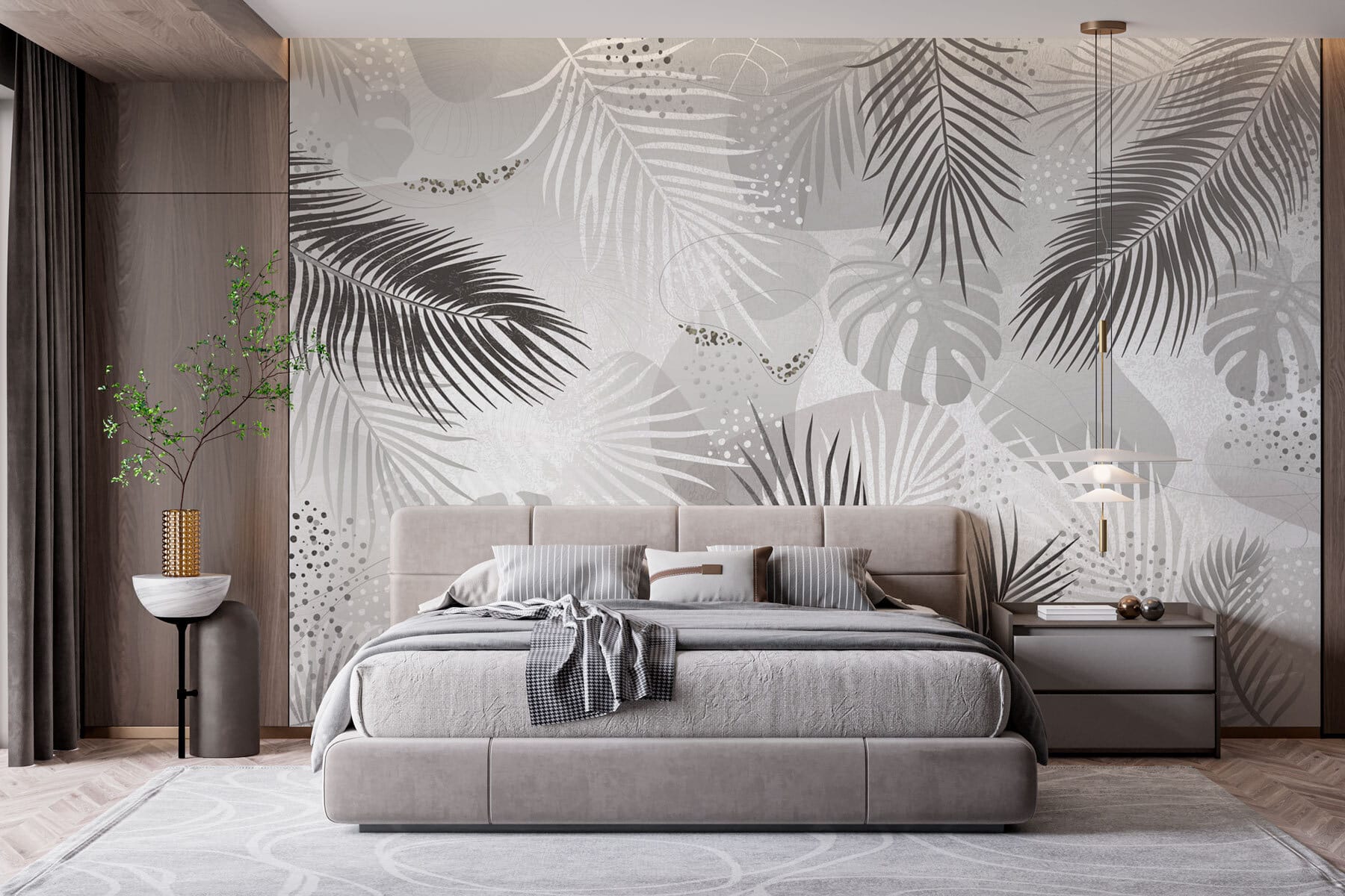 Grey and white background with leaves