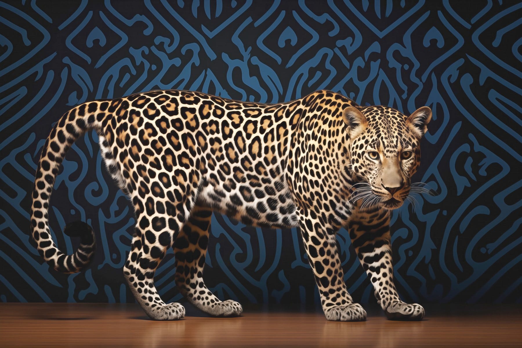 Leopard standing on a wood floor