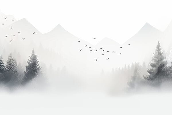 Ptaki latające nad zamglonym lasem Ptaki latające nad zamglonym lasem