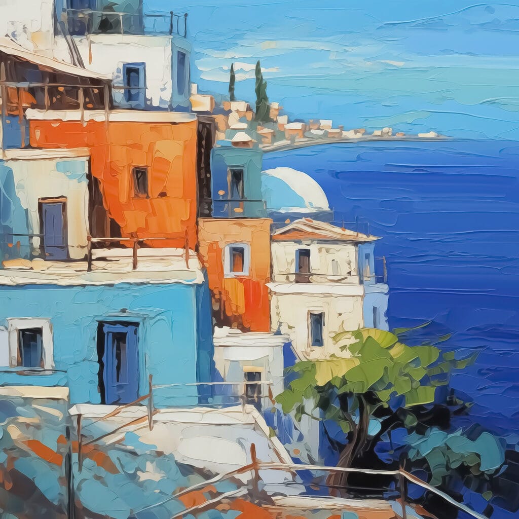 Painting of a city by the water Painting of a city by the water