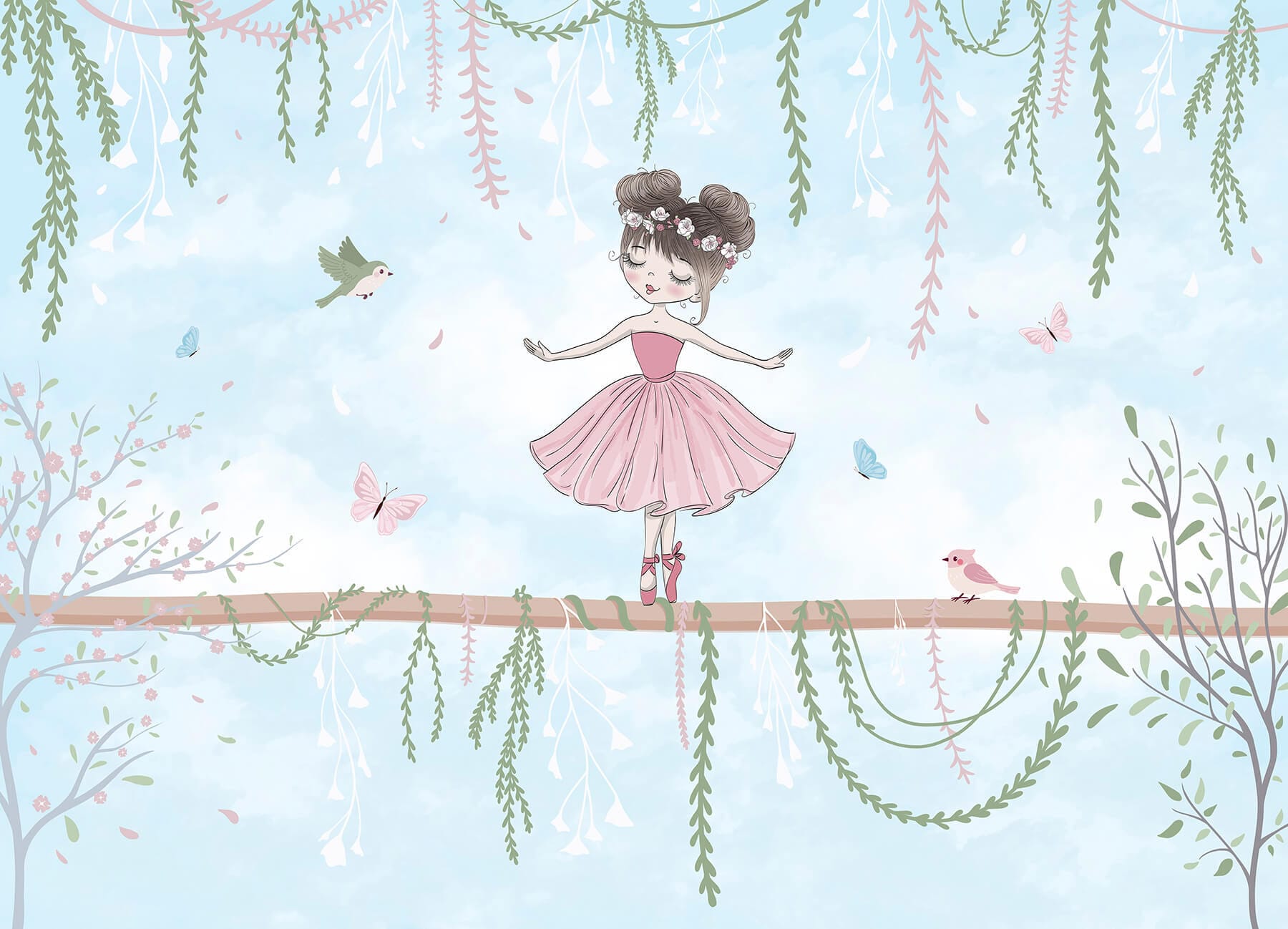 Girl in a pink dress on a branch
