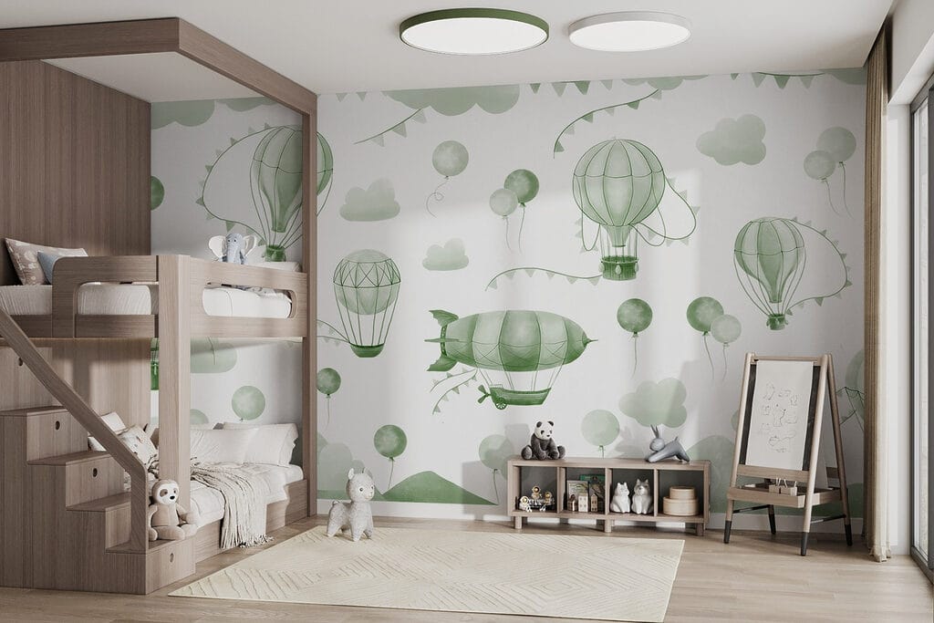 Green and white background with balloons and mountains