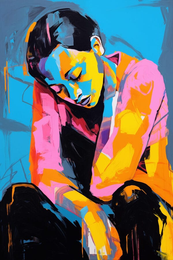 Painting of a woman with her head on her knees