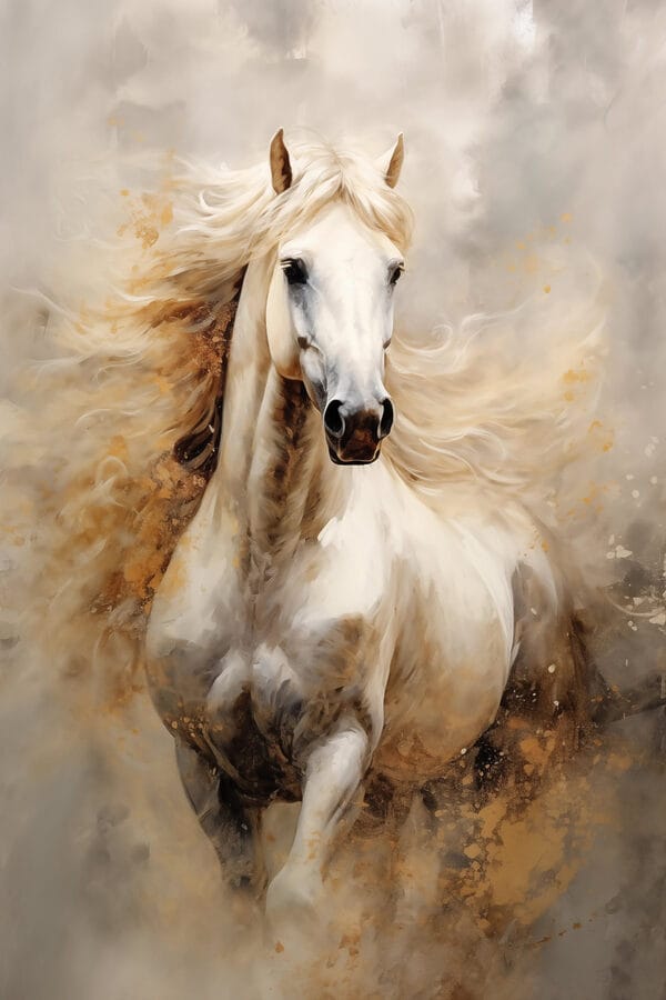 Painting of a white horse with a long mane