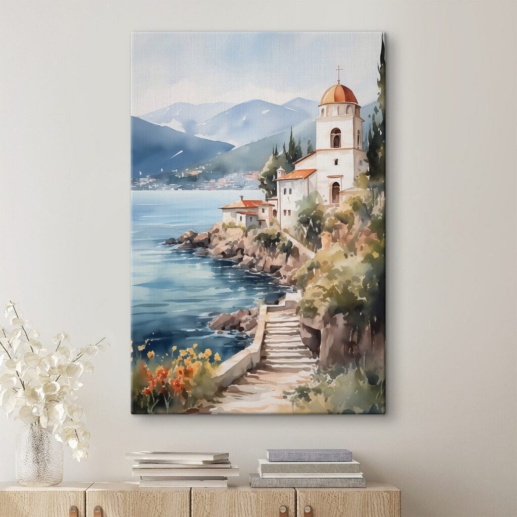 Watercolor painting of a building on a cliff by a body of water