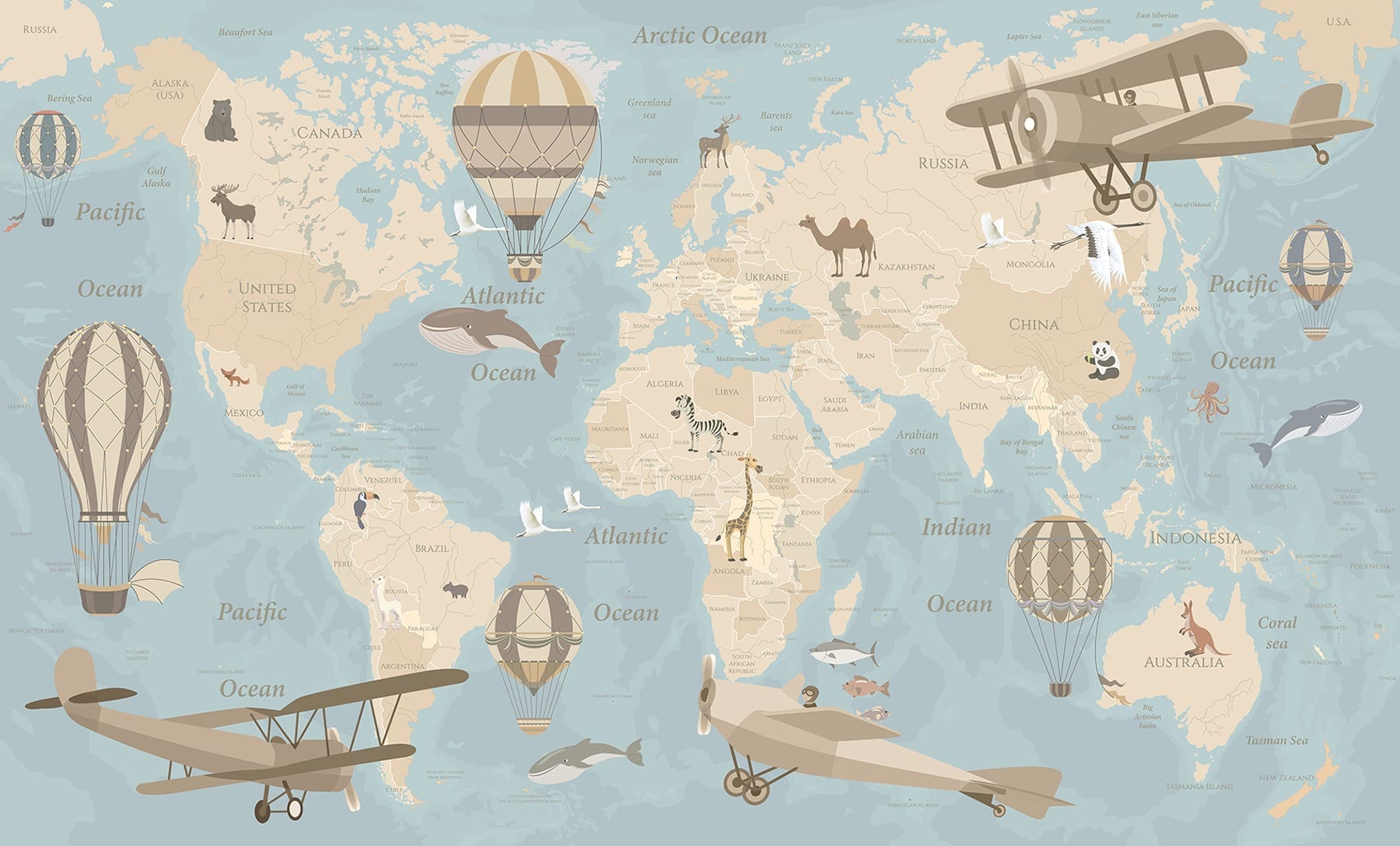 Map of the world with airplanes and hot air balloons