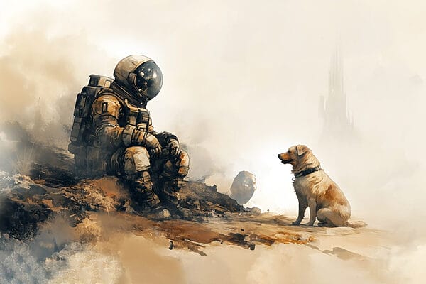 Astronauta siedzący na skale i patrzący na psa Astronauta siedzący na skale i patrzący na psa