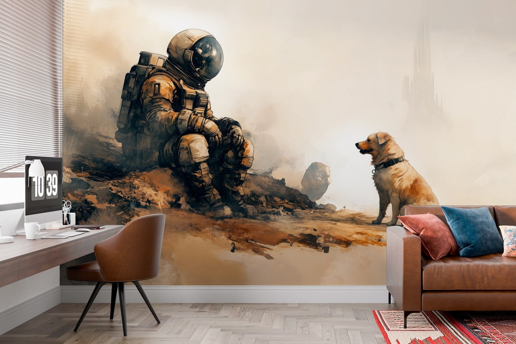 An astronaut sitting on a rock looking at a dog
