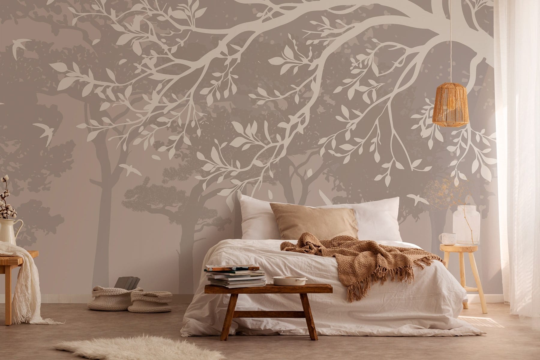 Group of trees with birds flying