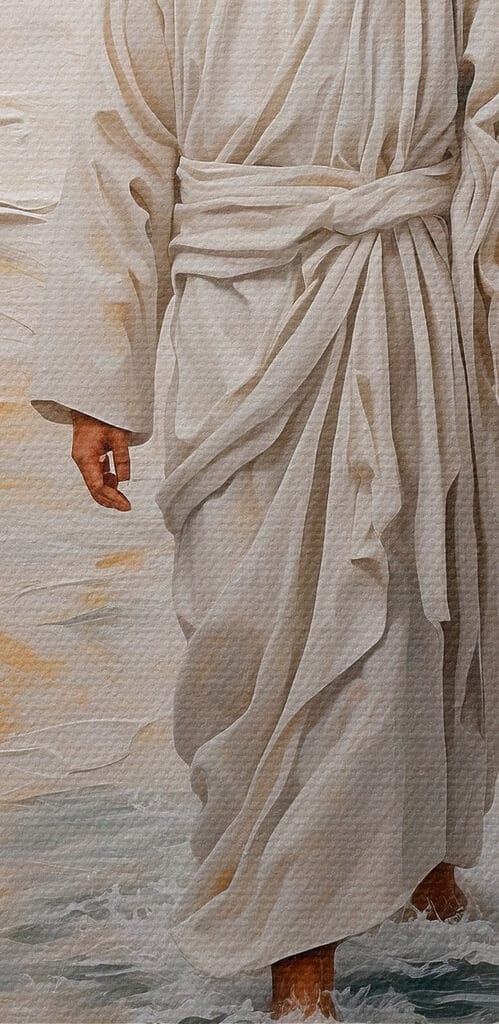 Painting of a man in a robe standing in water